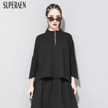 

SuperAen Fashion T-shirt Female Summer and Spring New 2020 Women T Shirts Europe Three Quarter Sleeve Cotton Women Tops