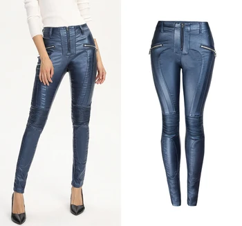 

New Womens Blue Sexy Elastic Pu Pants Fashion Fake Zipper Pencil Pants Female Skinny Slim Fit Mid Waist Pu Leather Trousers D511