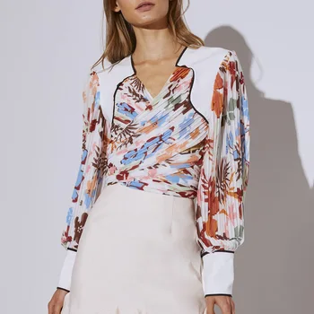 

Women Crop Blouse Floral Print Bow Lantern Sleeve Pleated Shirt Tops