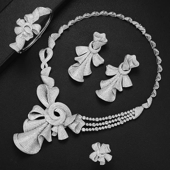 

LARRAURI Luxury Statement Jewelry Set CZ Big Flower Collar Necklace Dangle Earrings Bangle Ring for Women Wedding Jewelry Sets