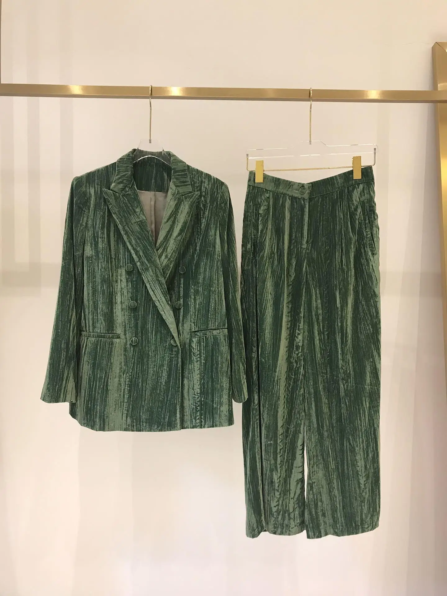 Женский модный бархатный костюм двубортная куртка+ широкие брюки 2 комплекта 0813