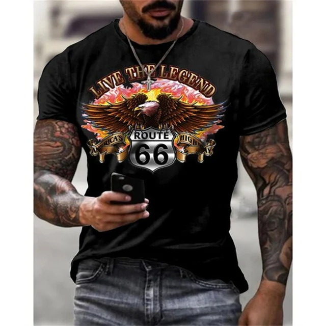 Summer New Mens T Shirts Oversized Loose Clothes Vintage Short Sleeve Fashion America Route 66 Letters Printed O Collared Tshirt 1688-P-35