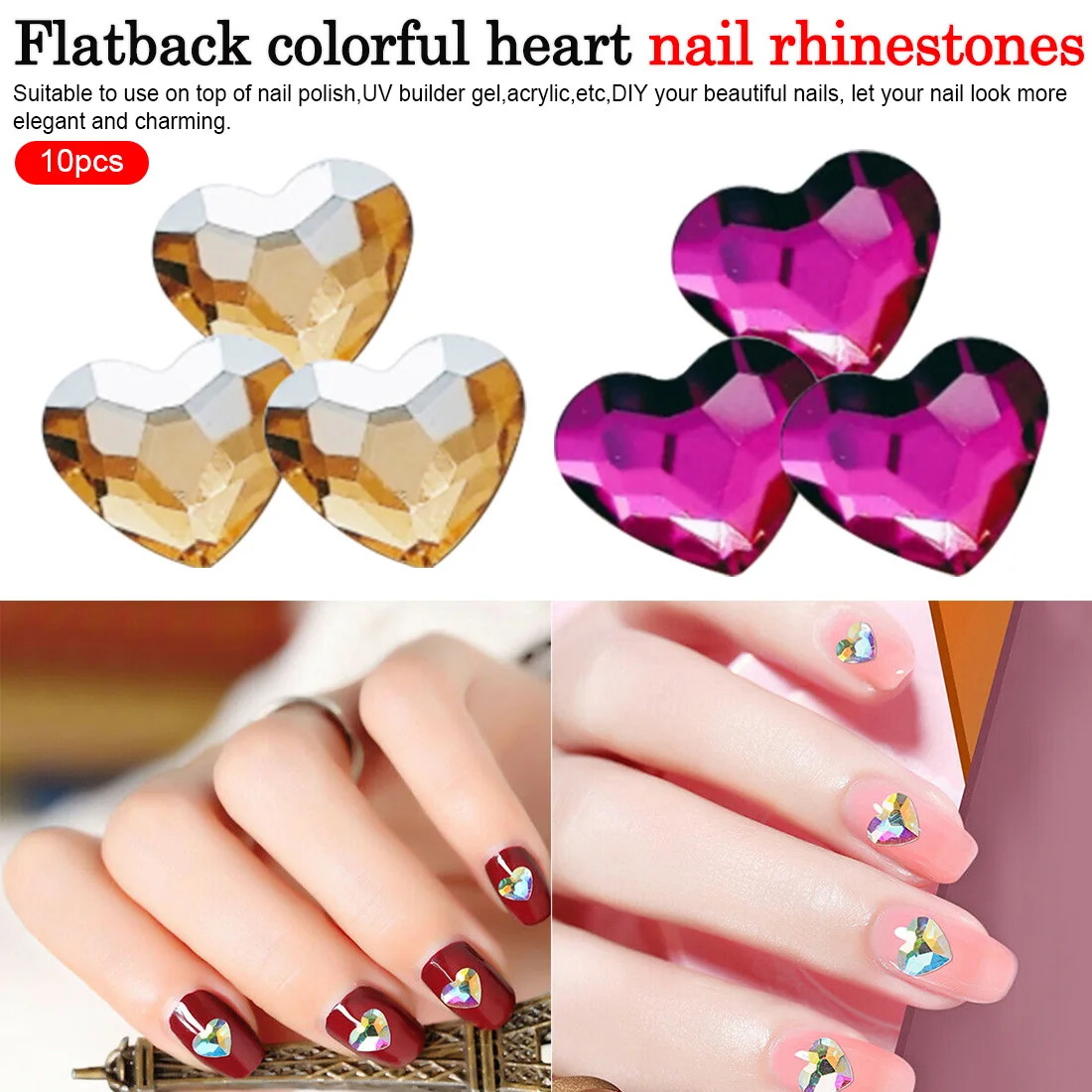 

10pcs Crystal Glass Stone Manicure 3D Shiny Strass Gem Flatback Colorful Heart Nail Rhinestones For Nails Art Decorations