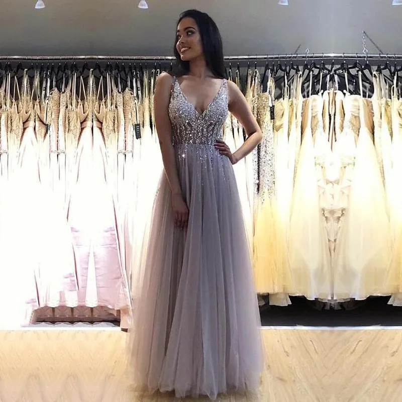 Long Prom Dresses 2025 Vestidos De Gala V-Neck Beaded A-Line Gray Crystals  Tulle Evening Dress Party Gown for Graduation - AliExpress