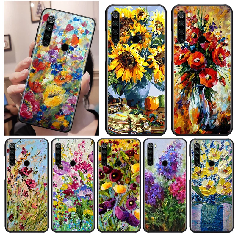 

Oil Painting Flowers Black Cover For Xiaomi Redmi Note 9 9S 8T 8 7 6 5A 5 4X 4 Pro Max Soft Phone Case