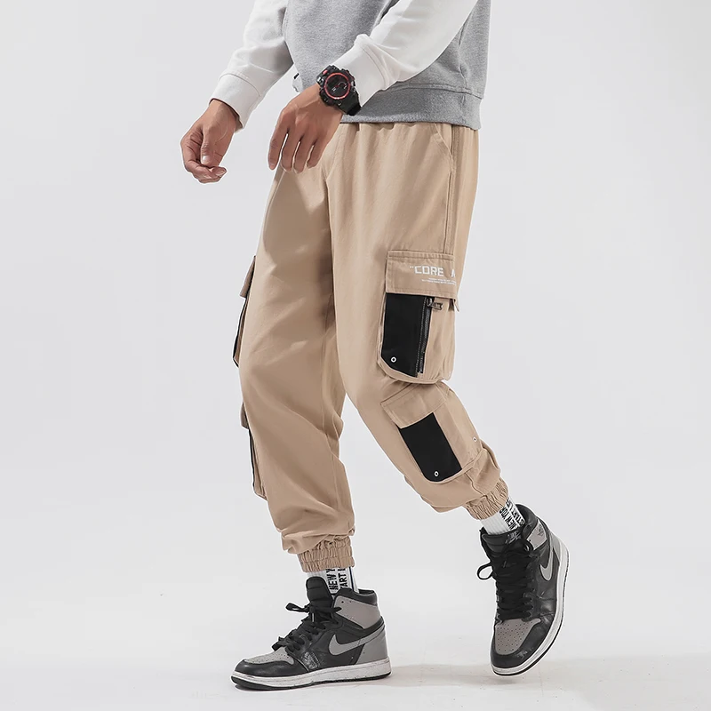 Yasword Men Cargo Pants Casual Trousers Straight Ankle-Length Solid Color Fashion Loose Male Elastic Waist Clothing Streetwear