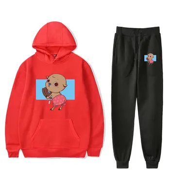 

2020 The latest one piece red cartoon print hooded sweatshirt + black Fashion sweatpants male / female one piece sports suit