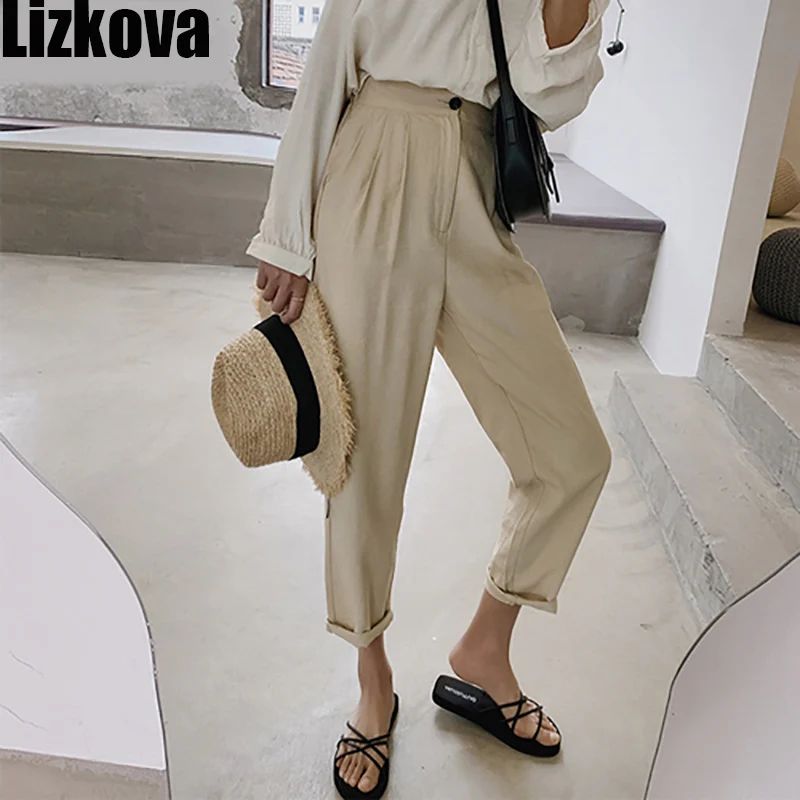 Lizkova Ankle Length Trousers Women High Waist White Herem Pants 2020 Loose Cotton Casual Trousers