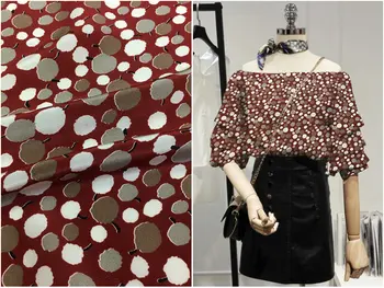 

140 * 50cm Pure Silk Crepe -De-Chine Wine Red Background Art Polka Dot Digital Printing Mulberry Silk Dress Fashion Fabric