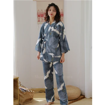 

Japanese Style Couple Sleepwear Kimono Crane Ukiyo-e Men Cotton Indoor Blue Cardigan Women Pajamas Thick Lounge Wear