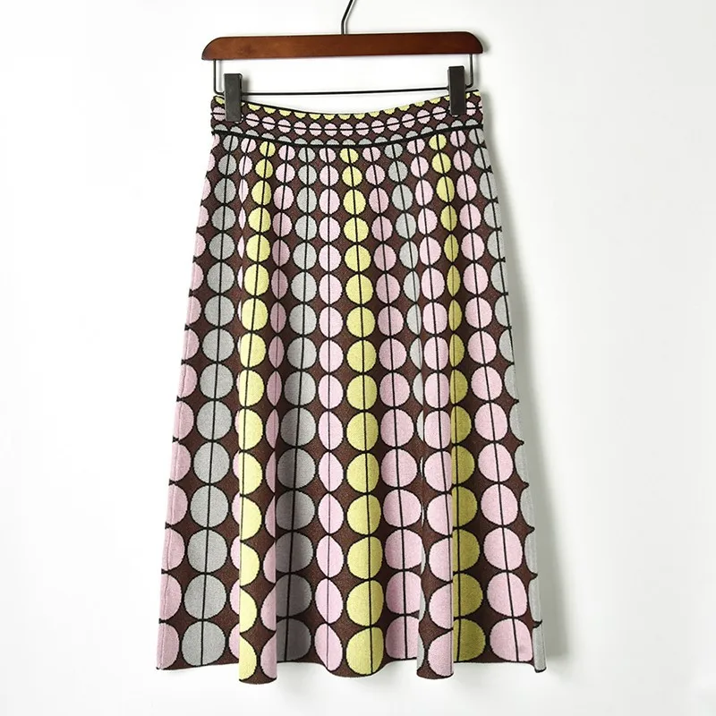 Fahsion Knitted Midi Skirt Women Geometric Circle Pattern Jacquard Skirt Ladies High Waisted Sweater Skirts A-line Falda Midi