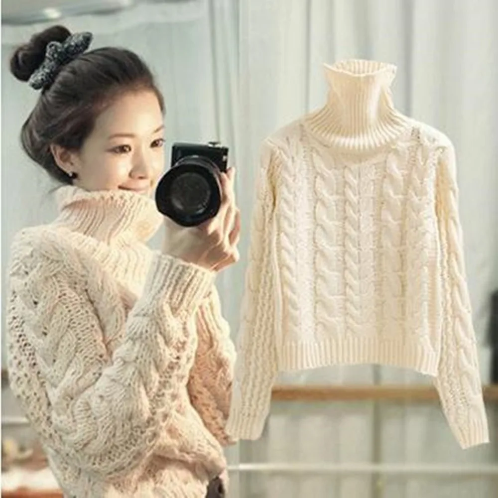 

Korean Clothes Women's Turtleneck Short Thick Woolen Thread Sweater Women Longsleeve Winter Warm Sweater Basic Knitted Pullovers