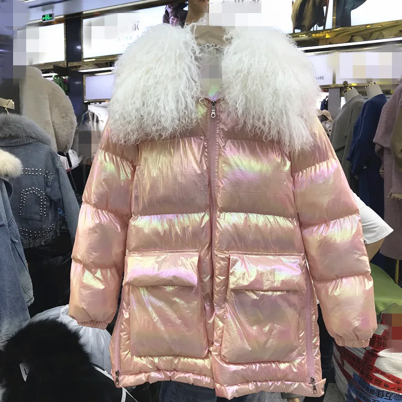 Новая Зимняя шерстяная одежда с большим меховым воротником и хлопковой подкладкой, женское серебряное яркое длинное пальто, женская толстая теплая куртка