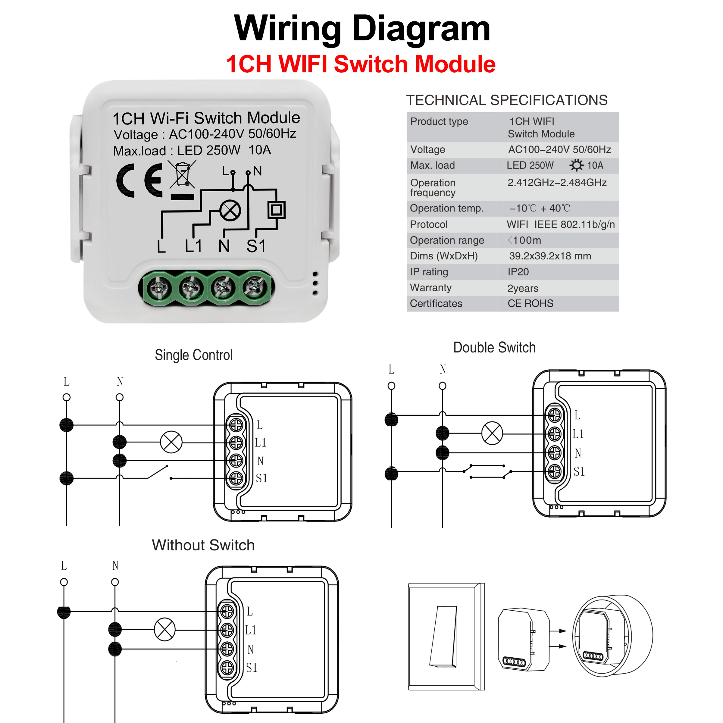 투야 와이파이 스마트 조명 스위치 모듈, 양방향 제어 지원, 앱 원격 제어 DIY 차단기 100-240V, 알렉사 구글 홈과 호환