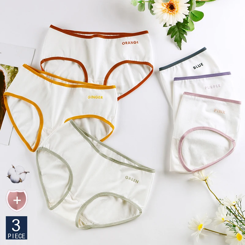 

3 Pcs Pure Cotton Antibacterial Mid-Waist Women Panties Printed Female Underpant Large Size Triangle Briefs Simple Underwear