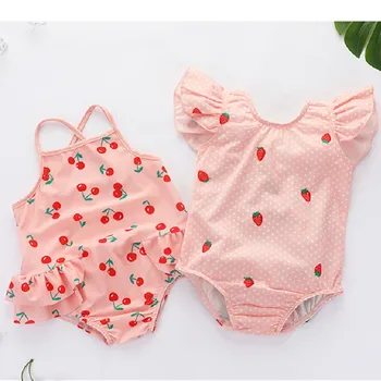 

Baby Girls Swimsuit Ruffle Cherry Baby Swimwear Bow Knot For Girls Toddler Bathing Suit Summer Infant Bikini Beach Sunsuit 2020