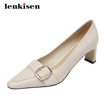 

Lenkisen concise style full grain leather buckle decorations dating square toe high heels slip on office lady women pumps L30