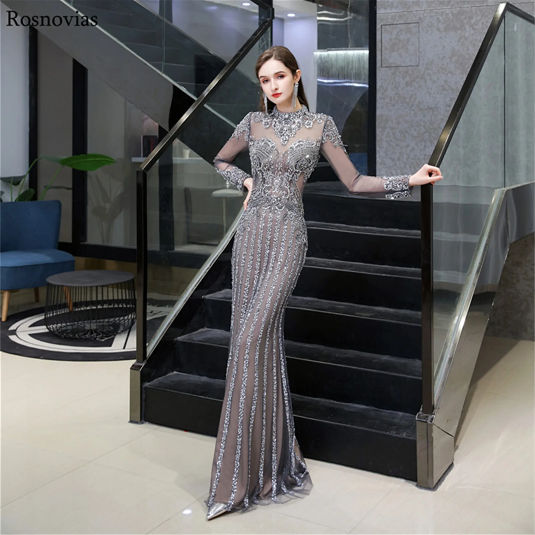 

Long Sleeves Evening Dresses 2020 Jewel Zipper Back Illusion Beaded Sheath Sparkle Formal Party Prom Gowns Vestidos De Fiesta