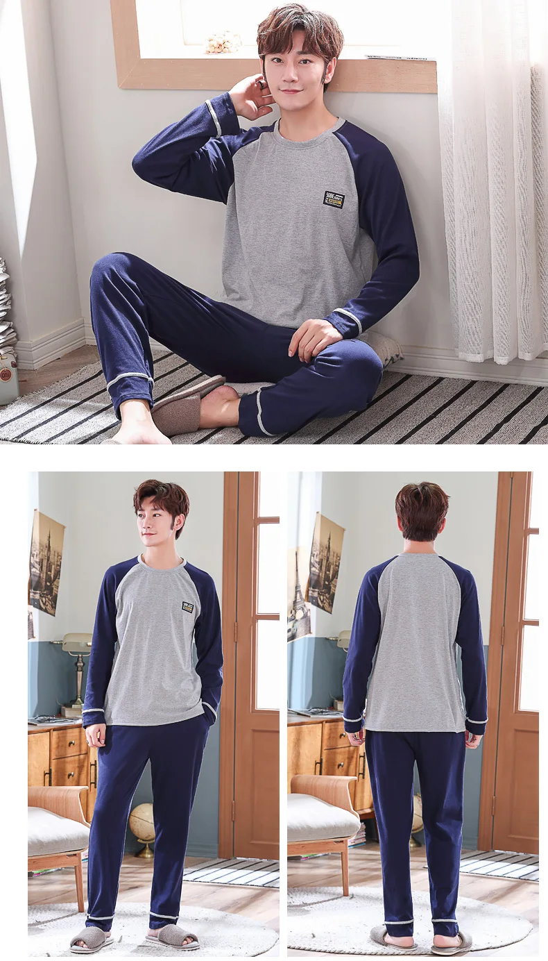 Мужские пижамные комплекты, 4XL, серый пижамный комплект, простая одежда для сна, Хлопковая пижама с длинным рукавом для мужчин, однотонный топ и штаны, верхняя одежда для отдыха