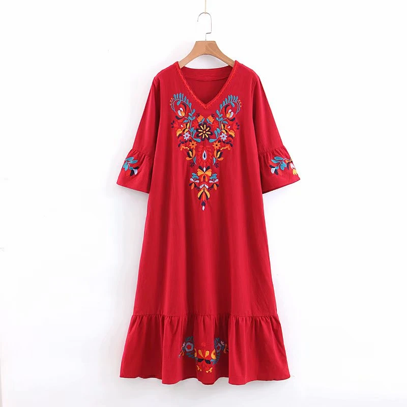 Винтажное шикарное женское богемное праздничное цветочное вышитое женское платье-миди льняное хлопковое платье с расклешенными рукавами и v-образным вырезом vestidos - Цвет: red