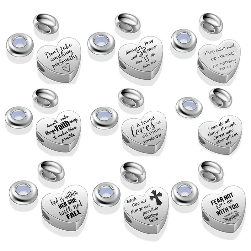 Edelstahl Inspiration Herz Charms fit Charme Armband Religiöse Perlen mit 2 stücke Stopper Spacer für DIY Schmuck Machen