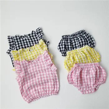 

korea style baby girl outfit fly sleeve vest+underwears 2pcs newborn clothes summer baby girl clothes plaid toddler girls set