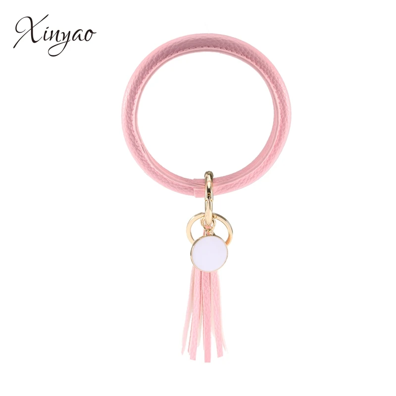 pink color Многоцветная цепочка для ключей из искусственной кожи с круглым вырезом на заказ, браслет-браслет с кисточкой, брелок для женщин и девушек, массивное ювелирное изделие - Цвет: pink color