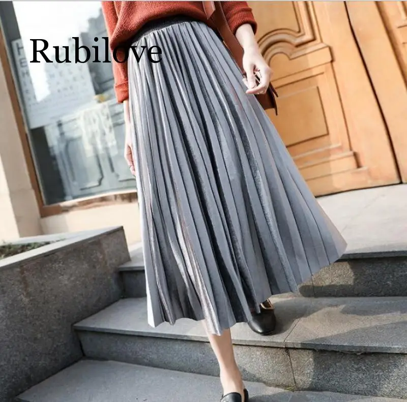 Rubilove autumn and winter new Korean gold velvet pleated skirt in the long paragraph female