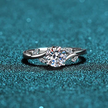 

Silver 925 Original Diamond Test Past 1 Carat D Color Moissanite Leaf Ring Brilliant Cut VVS1 Grade Gemstone Engagement Ring