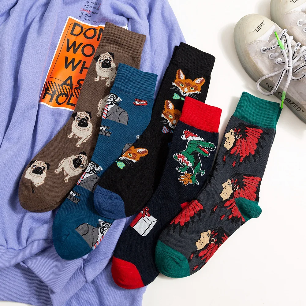 5 пар в корейском японском стиле, женские носки в стиле хип-хоп, осенне-зимние хлопковые носки средней длины с рисунком, милые носки с собакой, европейские размеры 35-41 358