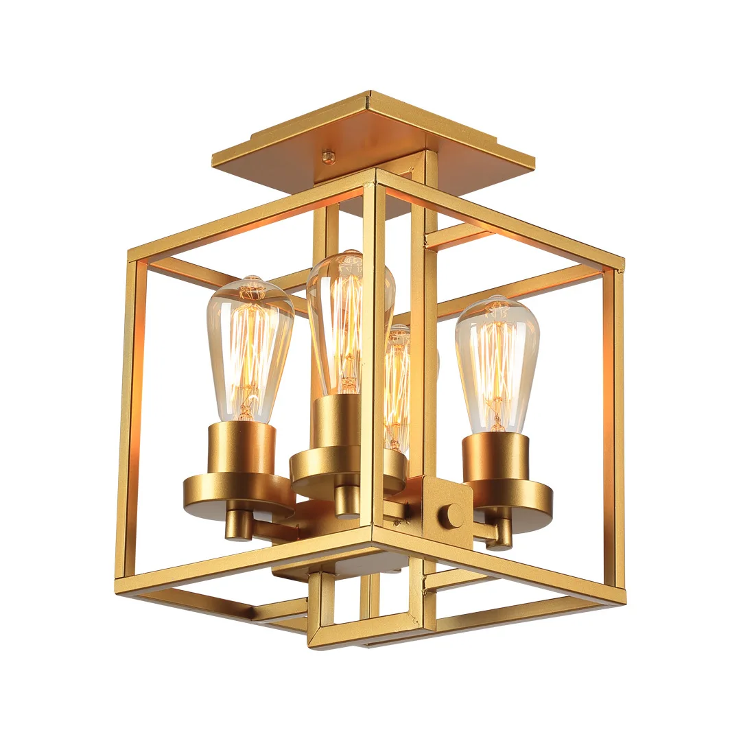 

American-Style Industrial Restaurant Chandelier Square Creative Glass Four-Head Dining Table Iron Gold Ceiling Lamp