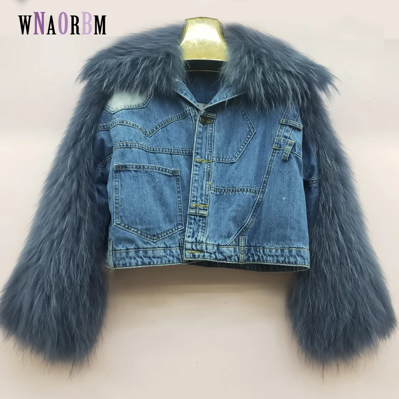 

Fashion denim jacket women's real fox fur white duck down filled denim coat winter real fur coat Women's coat