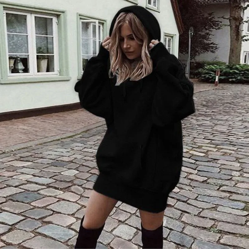  2019 Women Autumn Winter Hoodies Long Loose Thicken Hooded Drawstring Solid Color Long Sleeve Sweat