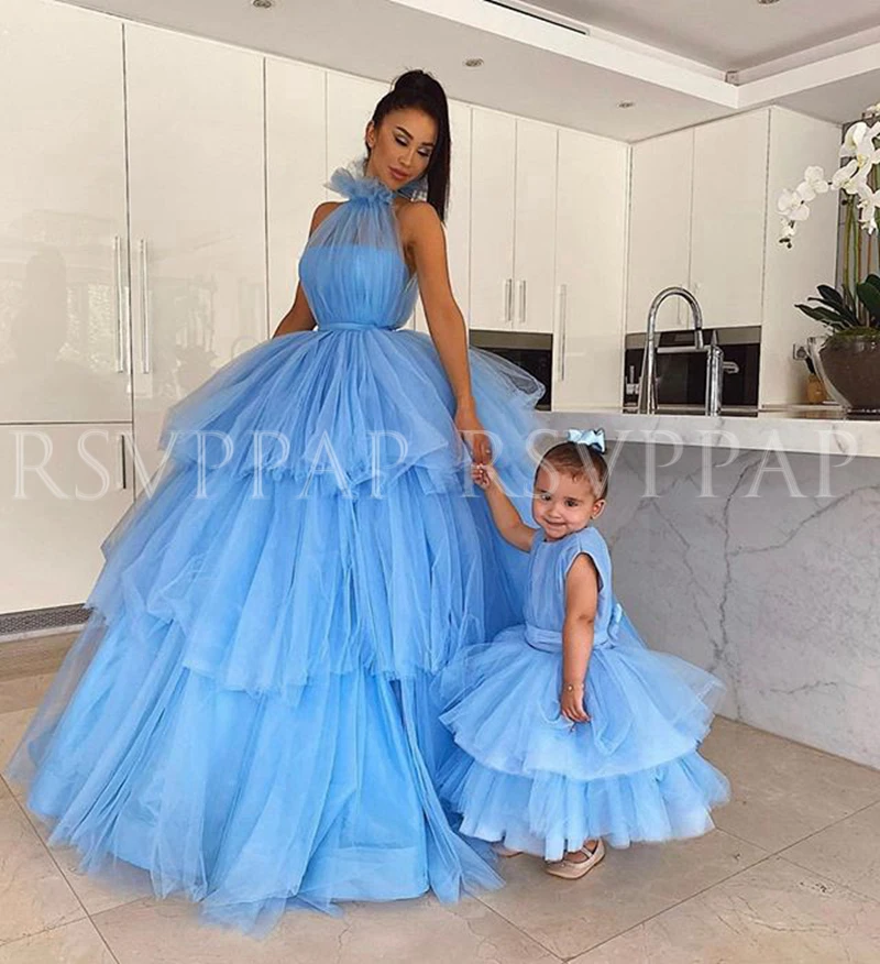 

Puffy Long Evening Dresses 2020 Sleeveless Balll Gown Dubai Women Arabic Light Blue Tulle Formal Evening Gowns