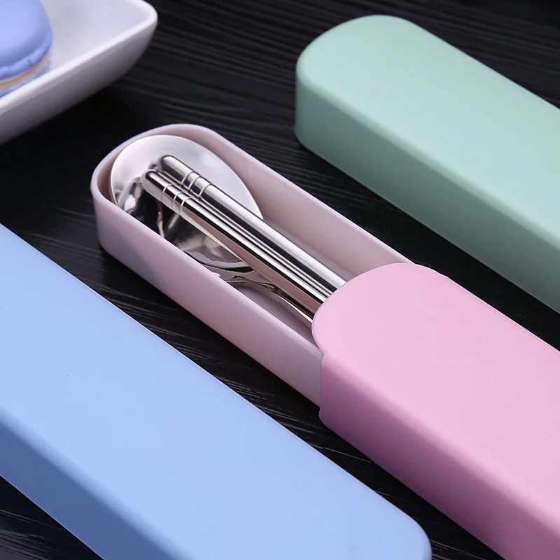 Chopsticks Spoon Set Portable Flatware Stainless Steel Dinnerware with PP Box for School Office AUG889
