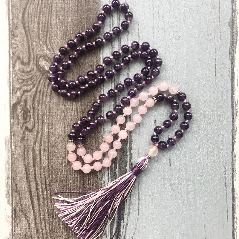 

Amethysts Rose Q-uartz 108 Mala Necklace Knotted Tassel Jewelry Yoga Gift For Womens Meditation Beads Necklace Spiritual Boho