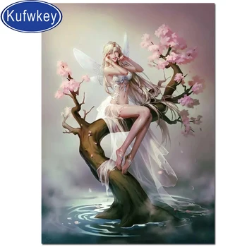 

Full round diamond embroidery fairy Cherry blossoms tree diamond painting 5D square by hand angel picture rhinestones room decor