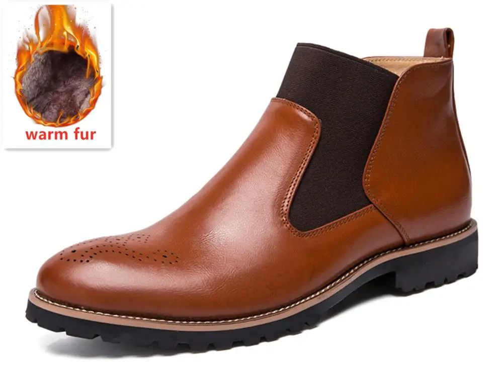 Brown fur Ботинки; мужские теплые зимние ботинки; мужская кожаная обувь; ковбойские водонепроницаемые ботинки; мужские повседневные ботинки в байкерском стиле; Красивая мужская обувь - Цвет: Brown fur