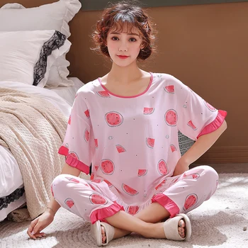 

Summer Cotton Pajamas Female Short-Sleeved Trousers Korean Version Cute Thin Section Loose Fashion Cotton Home Service Nighties