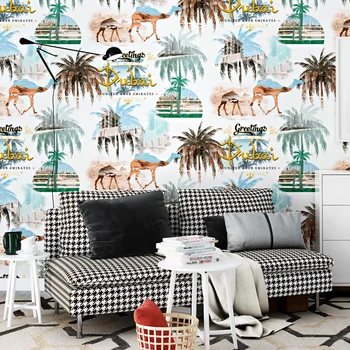 

Thai style wallpaper Southeast Asia style wallpaper camel desert Thailand tropical rain forest bedroom Nordic TV background wall