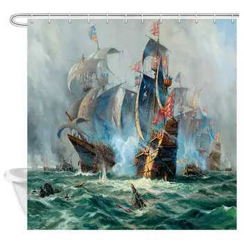 

Nautical Shower Curtain, Classical Sailboat Dutch Flag War Seascape Naval Battle Ocean Oil Painting Polyester Fabric Bathroom