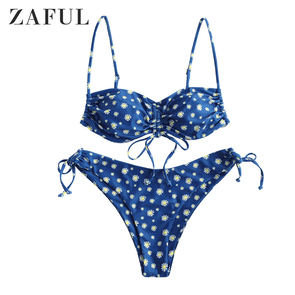 ZAFUL Ditsy Floral Tie Ruched Bikini Swimwear Deep Blue Small Flower ...