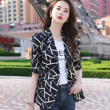 

Plaid Blazer Female 2020 New Spring Temperament Slim Half Sleeve Blazer Office Ladies Fashion Work Coat Black White