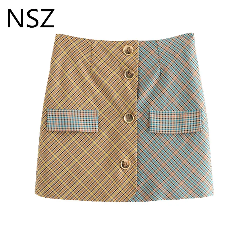 

NSZ Women Plaid A-Line Skirt High Waist Checked Office Skirt Vintage Button Decoration Side Zipper Houndstooth Mini Skirt Faldas