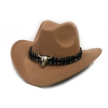Wool Vintage Womem Men Western Cowboy Hat With Wide Brim Punk Belt Cowgirl Jazz Cap With Leather Belt Wide Brim Cap
