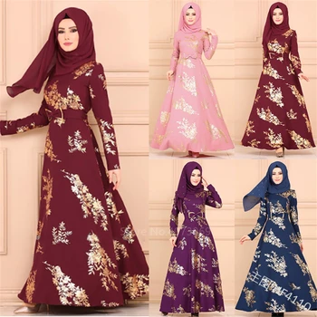 

Elegant Lady Muslim Abaya Golden Print Big Swing Dress Long Sleeve Bow Waist Gown Ramadan Costume Arab Islamic Kaftan Clothing