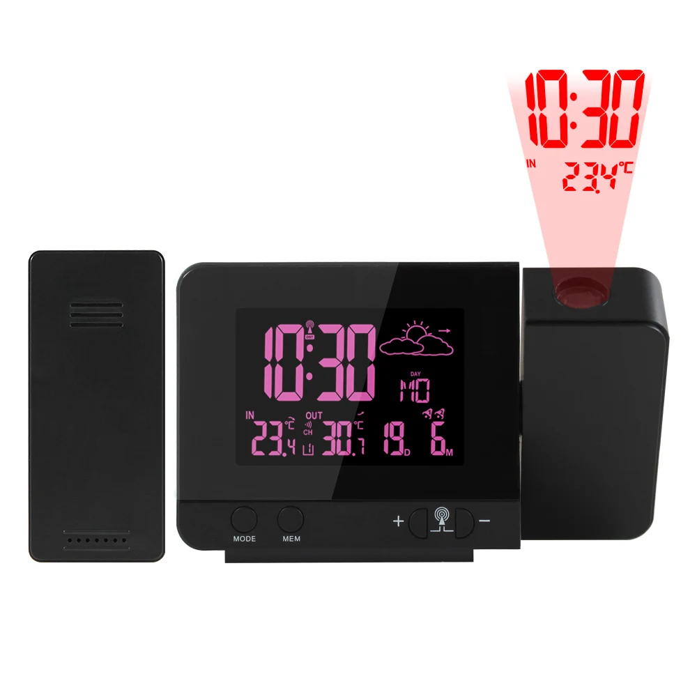 

FanJu Thermometer Clock Alarm Digital Indoor Outdoor Wireless Sensor Projection Desk Clocks Night light 8 Color display Meter