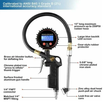 

200PSI Backlight Portable Tire Inflator Bus Pressure Gauge Digital Display Car Motorcycle Outdoor Universal Truck Aluminum Alloy