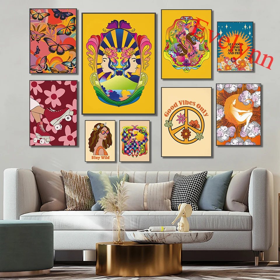 

70s Floral Pattern Print Poster,Flower Child Art Canvas,Retro 70s Home Decor,Wall Art Hippie Print Painting, Retro Rainbow Print