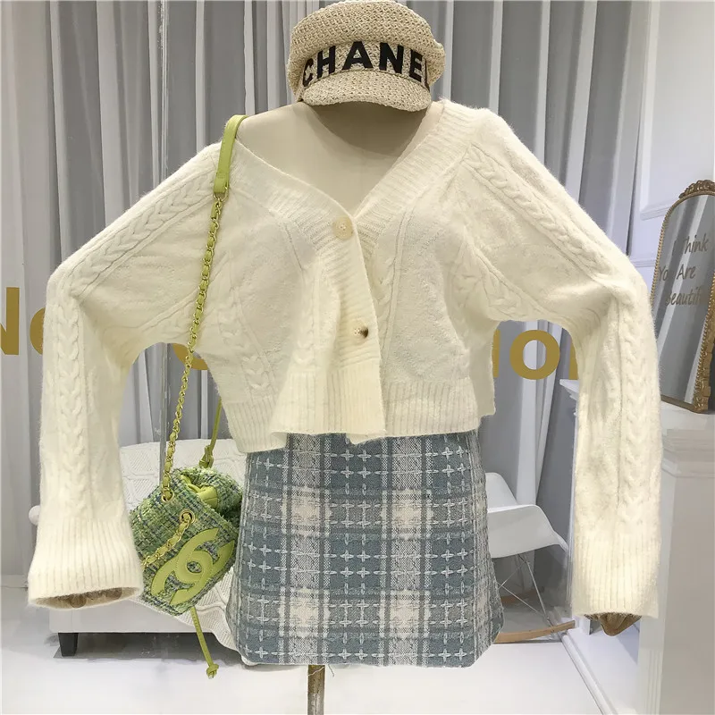 Женский кардиган с v-образным вырезом однобортный Argyle короткий женский s свитер корейский модный женский свободный вязаный свитер женский кардиган